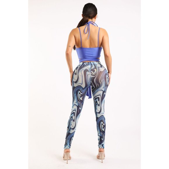 Women's Strappy Top and Print Mesh Leggings Set O Ring 2 Piece Outfits Clubwear - Picture 11 of 11